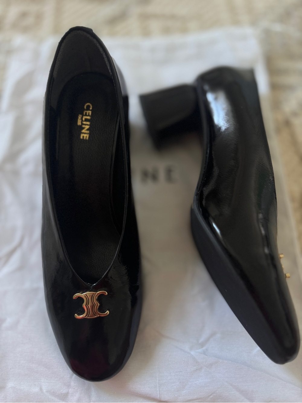 Celine Black Patent Leather Pumps with Gold Double C Logo - Picture 8 of 12